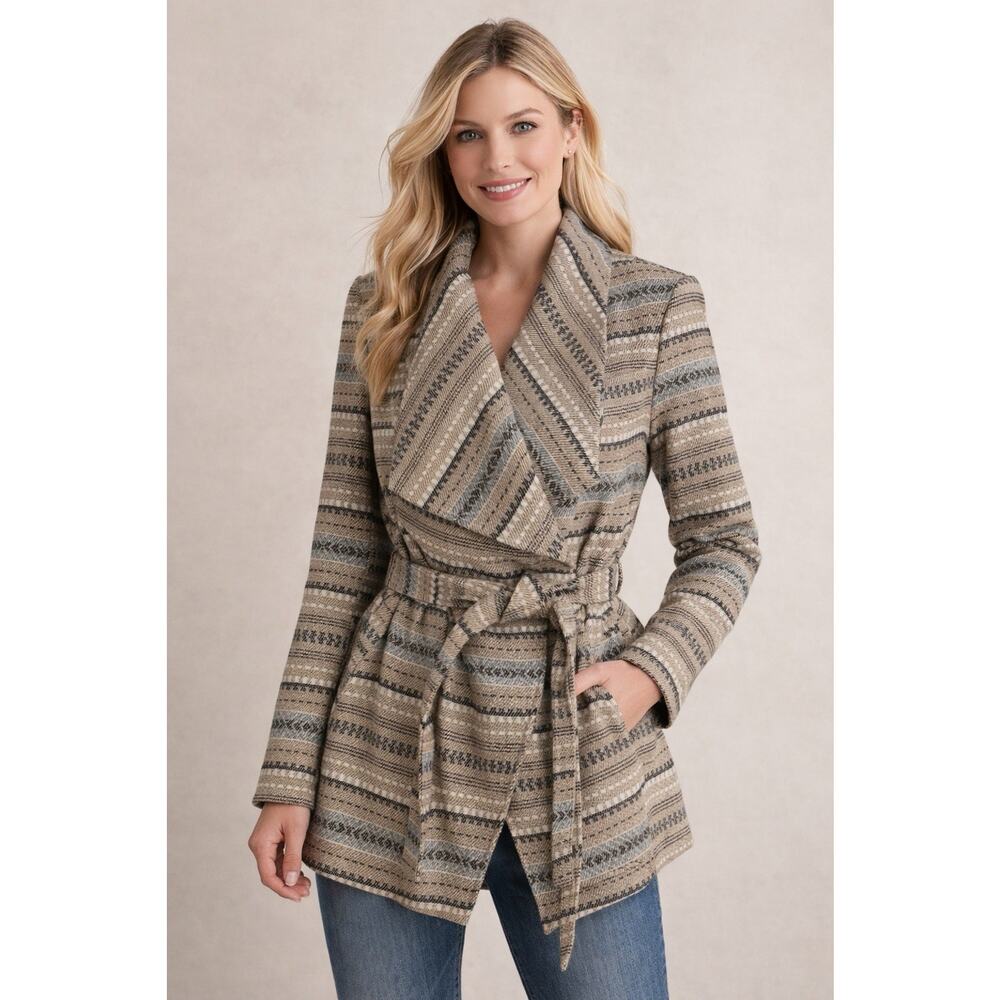 Jack BB Dakota Wrap Coat Jacket Women's S Blanket Belted Pockets Tan Blue Aztec